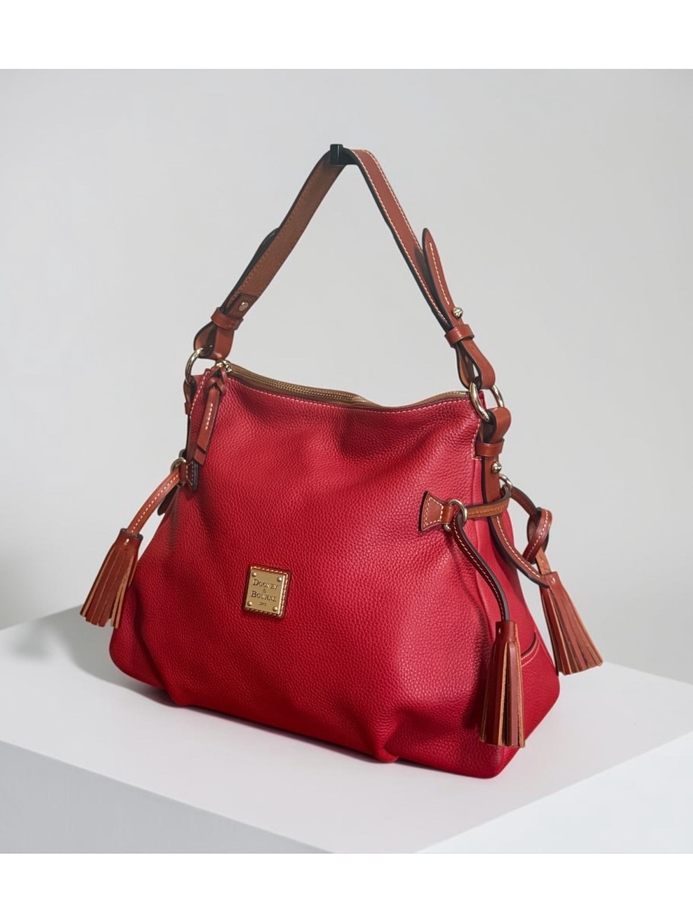 NWOT Authentic Dooney & Bourke Coral Red Leather Tassel Shoulder Hobo Bag - Picture 2 of 15